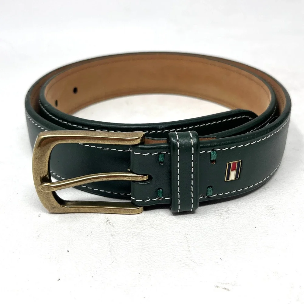 Tommy Hilfiger Men Green Leather Belt 32 Preppy Academia Heritage Tailored Money